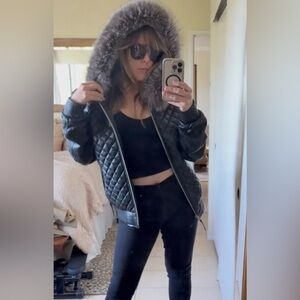 NWT Real Fox Fur Trimmed and Leather Hooded Quilted Zip Up Bomber